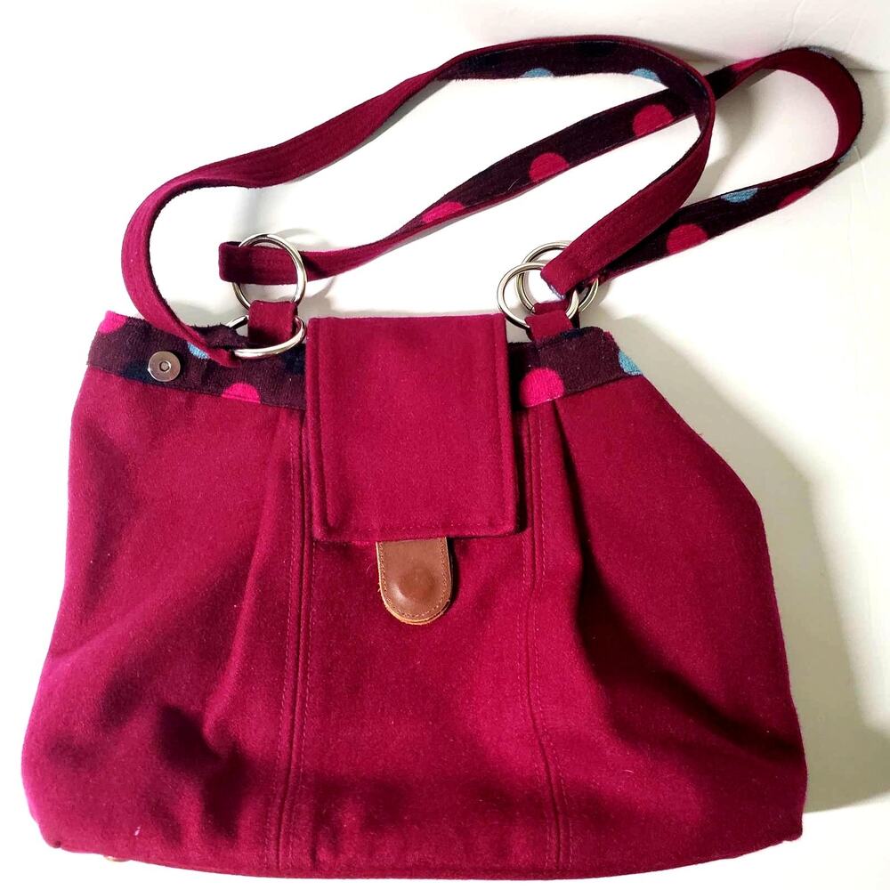 Earth Squared Shoulder Bag Purple Wool Polka Dot Accents Fair Trade Satin Lined